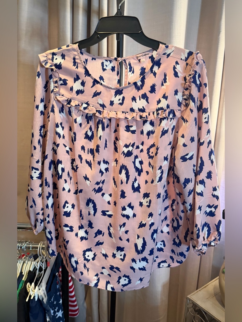 Juicy Couture Pink Leopard Print Ruffle Yoke Blouse